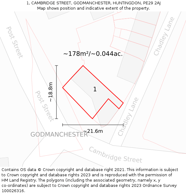 1, CAMBRIDGE STREET, GODMANCHESTER, HUNTINGDON, PE29 2AJ: Plot and title map