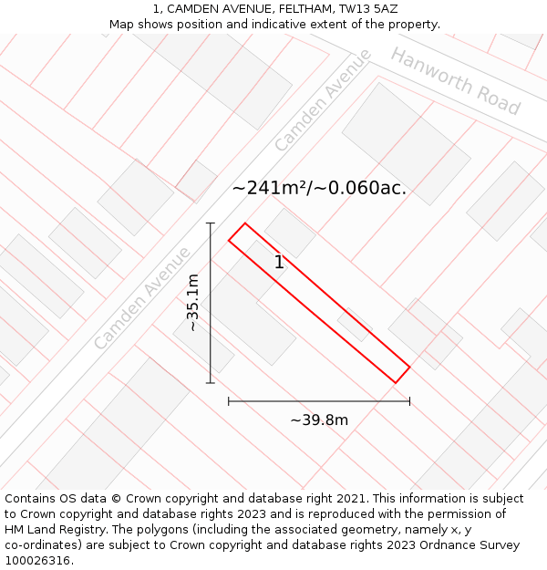 1, CAMDEN AVENUE, FELTHAM, TW13 5AZ: Plot and title map