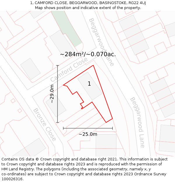 1, CAMFORD CLOSE, BEGGARWOOD, BASINGSTOKE, RG22 4UJ: Plot and title map