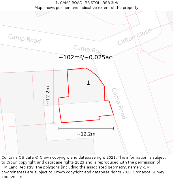 1, CAMP ROAD, BRISTOL, BS8 3LW: Plot and title map