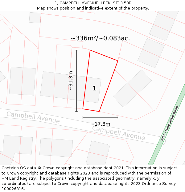 1, CAMPBELL AVENUE, LEEK, ST13 5RP: Plot and title map