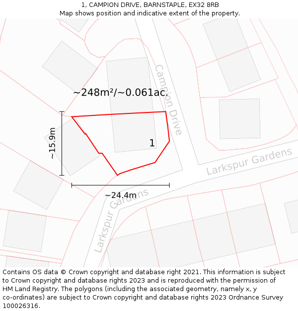 1, CAMPION DRIVE, BARNSTAPLE, EX32 8RB: Plot and title map