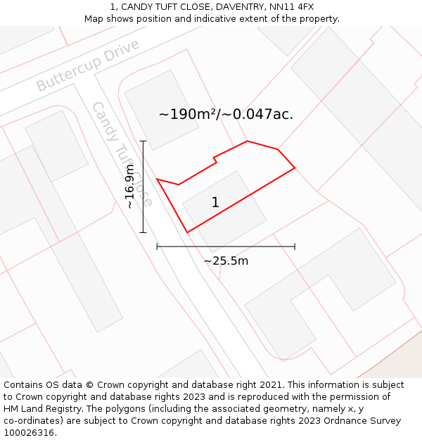 1, CANDY TUFT CLOSE, DAVENTRY, NN11 4FX: Plot and title map