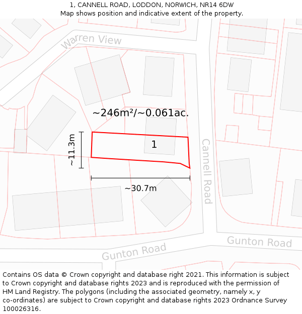 1, CANNELL ROAD, LODDON, NORWICH, NR14 6DW: Plot and title map