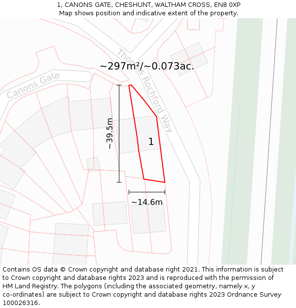 1, CANONS GATE, CHESHUNT, WALTHAM CROSS, EN8 0XP: Plot and title map