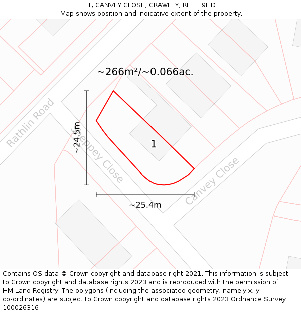 1, CANVEY CLOSE, CRAWLEY, RH11 9HD: Plot and title map