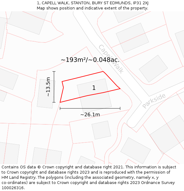1, CAPELL WALK, STANTON, BURY ST EDMUNDS, IP31 2XJ: Plot and title map