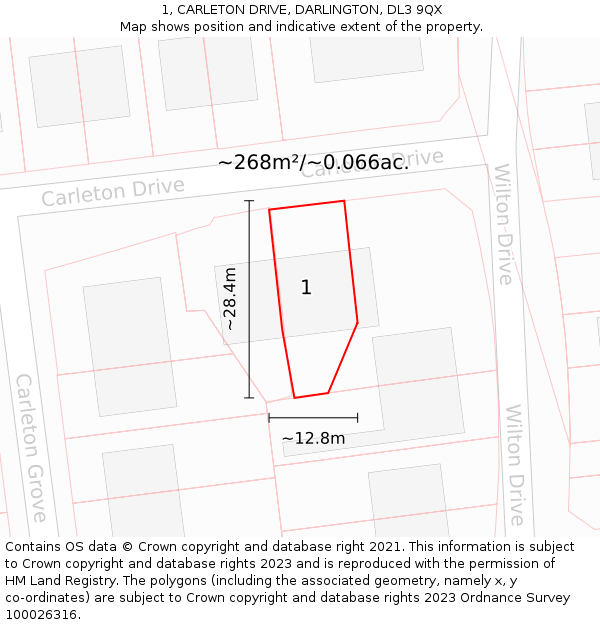 1, CARLETON DRIVE, DARLINGTON, DL3 9QX: Plot and title map