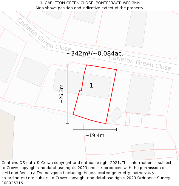 1, CARLETON GREEN CLOSE, PONTEFRACT, WF8 3NN: Plot and title map