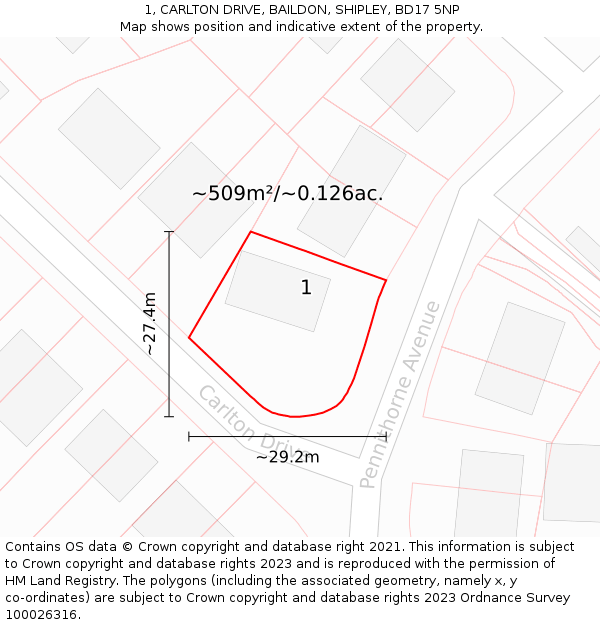 1, CARLTON DRIVE, BAILDON, SHIPLEY, BD17 5NP: Plot and title map
