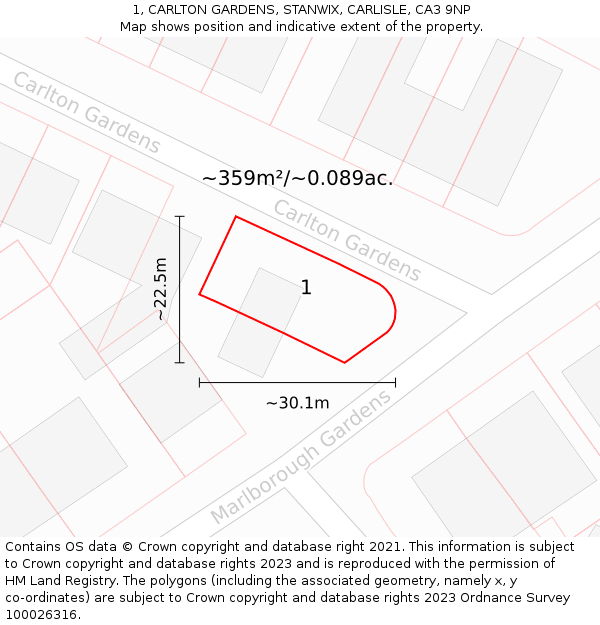 1, CARLTON GARDENS, STANWIX, CARLISLE, CA3 9NP: Plot and title map