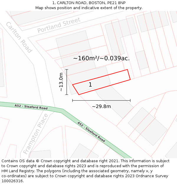 1, CARLTON ROAD, BOSTON, PE21 8NP: Plot and title map