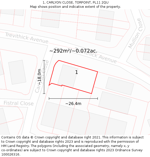 1, CARLYON CLOSE, TORPOINT, PL11 2QU: Plot and title map