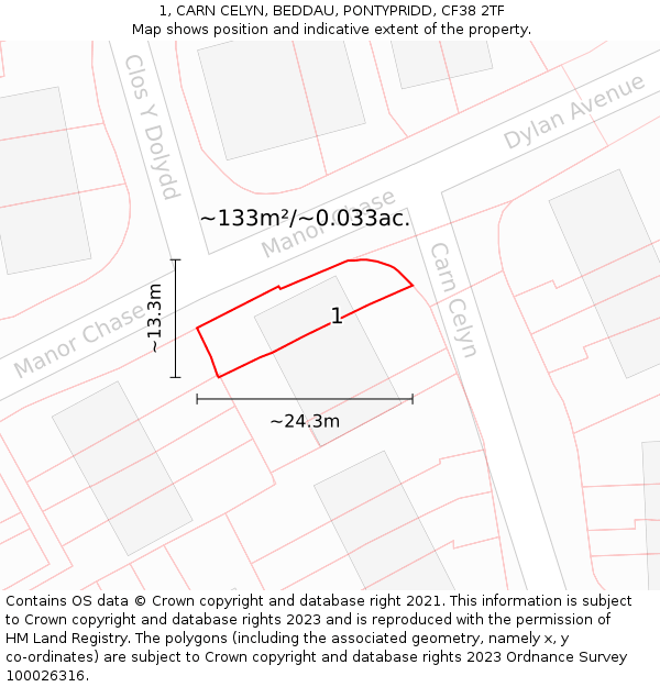 1, CARN CELYN, BEDDAU, PONTYPRIDD, CF38 2TF: Plot and title map