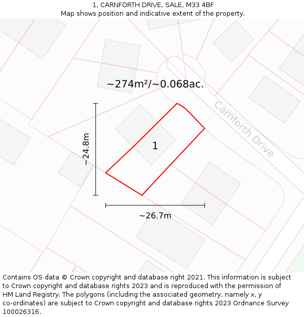 1, CARNFORTH DRIVE, SALE, M33 4BF: Plot and title map