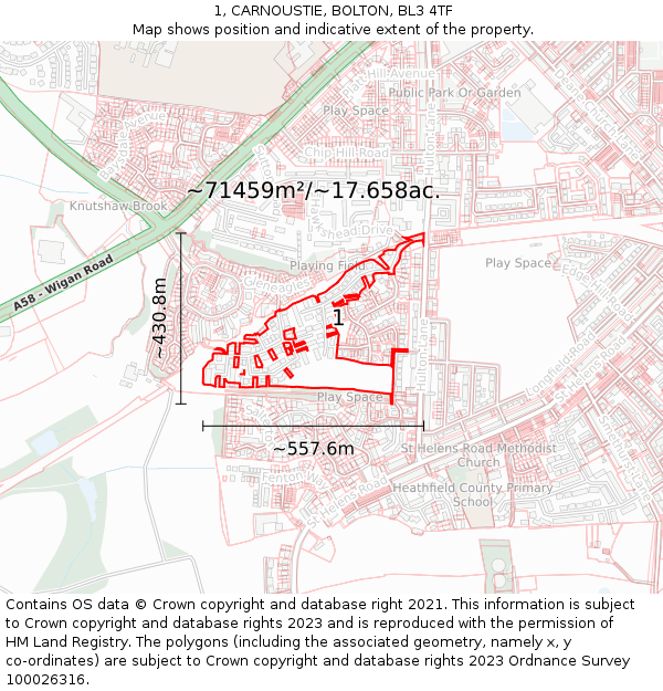 1, CARNOUSTIE, BOLTON, BL3 4TF: Plot and title map