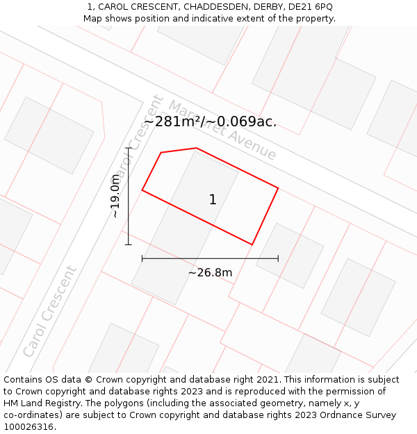 1, CAROL CRESCENT, CHADDESDEN, DERBY, DE21 6PQ: Plot and title map