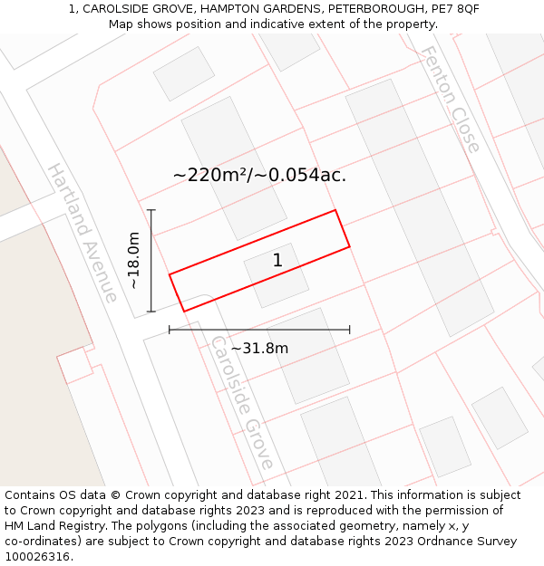 1, CAROLSIDE GROVE, HAMPTON GARDENS, PETERBOROUGH, PE7 8QF: Plot and title map
