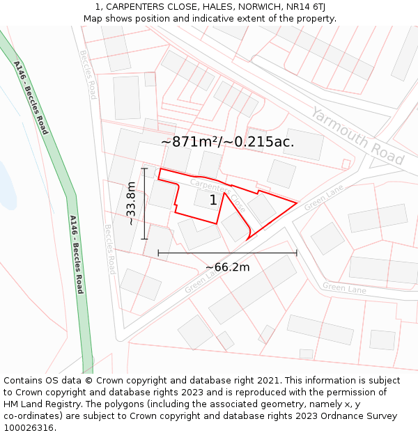1, CARPENTERS CLOSE, HALES, NORWICH, NR14 6TJ: Plot and title map