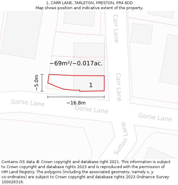 1, CARR LANE, TARLETON, PRESTON, PR4 6DD: Plot and title map