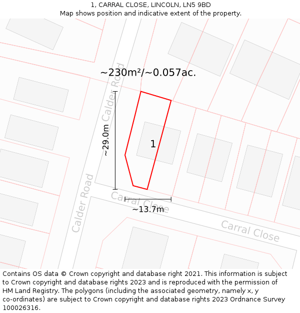 1, CARRAL CLOSE, LINCOLN, LN5 9BD: Plot and title map