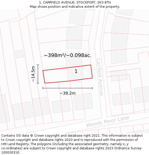 1, CARRFIELD AVENUE, STOCKPORT, SK3 8TN: Plot and title map