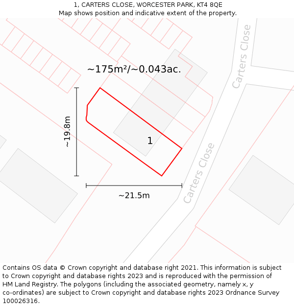 1, CARTERS CLOSE, WORCESTER PARK, KT4 8QE: Plot and title map