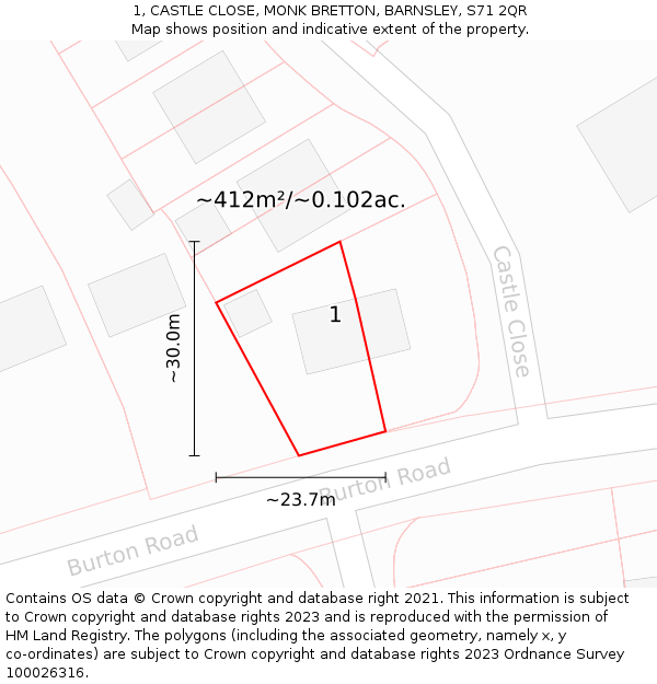 1, CASTLE CLOSE, MONK BRETTON, BARNSLEY, S71 2QR: Plot and title map