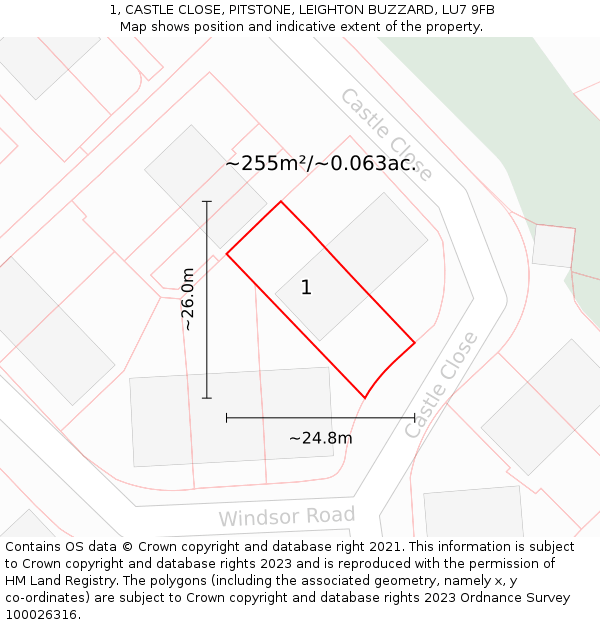 1, CASTLE CLOSE, PITSTONE, LEIGHTON BUZZARD, LU7 9FB: Plot and title map