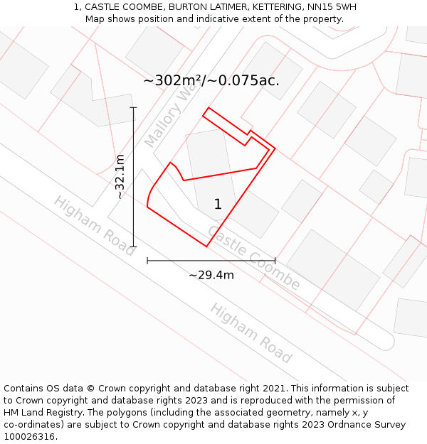 1, CASTLE COOMBE, BURTON LATIMER, KETTERING, NN15 5WH: Plot and title map