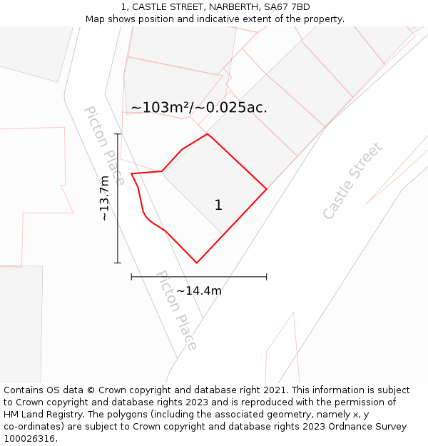 1, CASTLE STREET, NARBERTH, SA67 7BD: Plot and title map