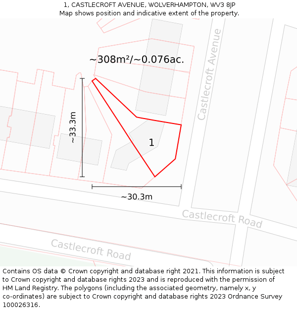 1, CASTLECROFT AVENUE, WOLVERHAMPTON, WV3 8JP: Plot and title map