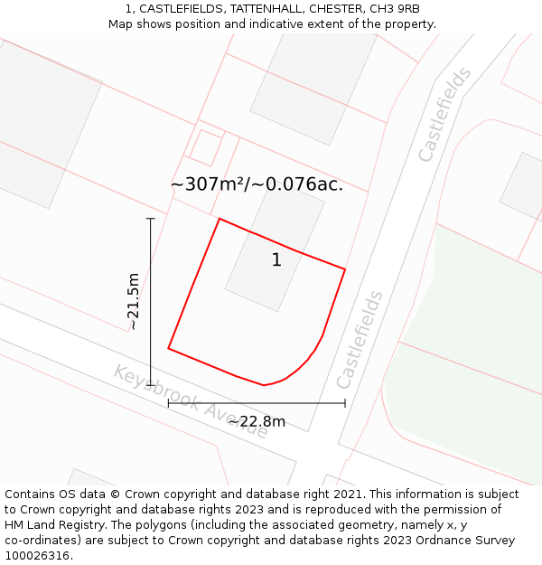 1, CASTLEFIELDS, TATTENHALL, CHESTER, CH3 9RB: Plot and title map