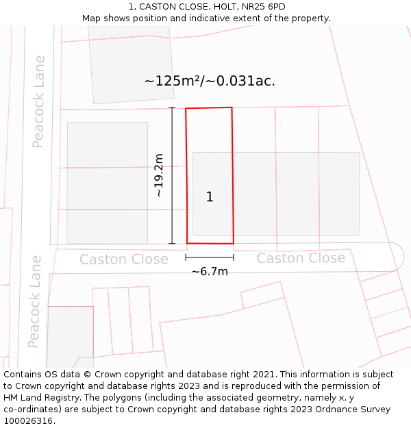 1, CASTON CLOSE, HOLT, NR25 6PD: Plot and title map
