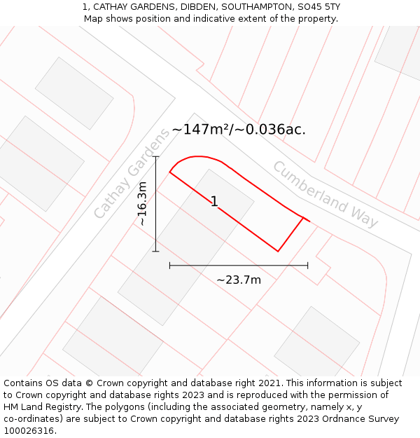 1, CATHAY GARDENS, DIBDEN, SOUTHAMPTON, SO45 5TY: Plot and title map