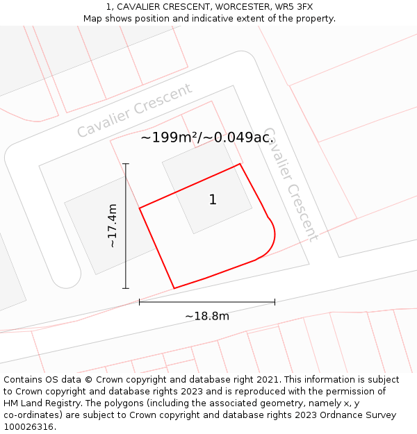 1, CAVALIER CRESCENT, WORCESTER, WR5 3FX: Plot and title map