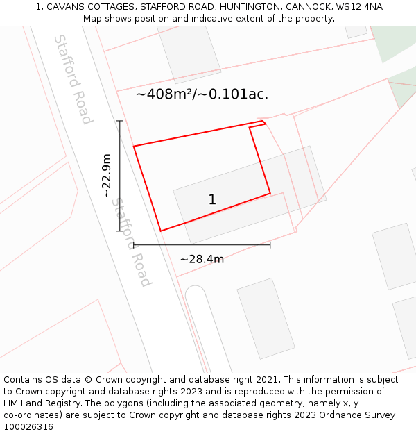 1, CAVANS COTTAGES, STAFFORD ROAD, HUNTINGTON, CANNOCK, WS12 4NA: Plot and title map