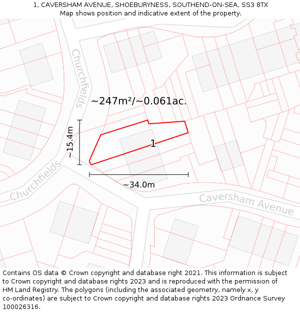 1, CAVERSHAM AVENUE, SHOEBURYNESS, SOUTHEND-ON-SEA, SS3 8TX: Plot and title map