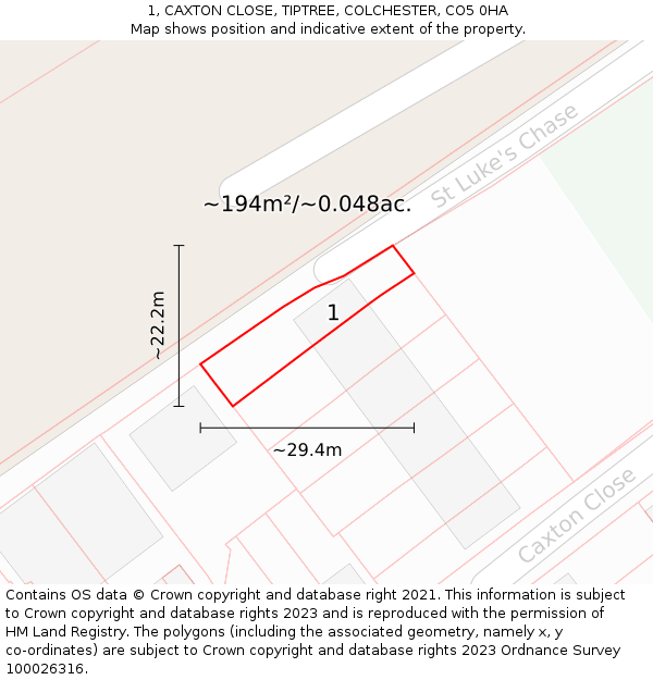 1, CAXTON CLOSE, TIPTREE, COLCHESTER, CO5 0HA: Plot and title map