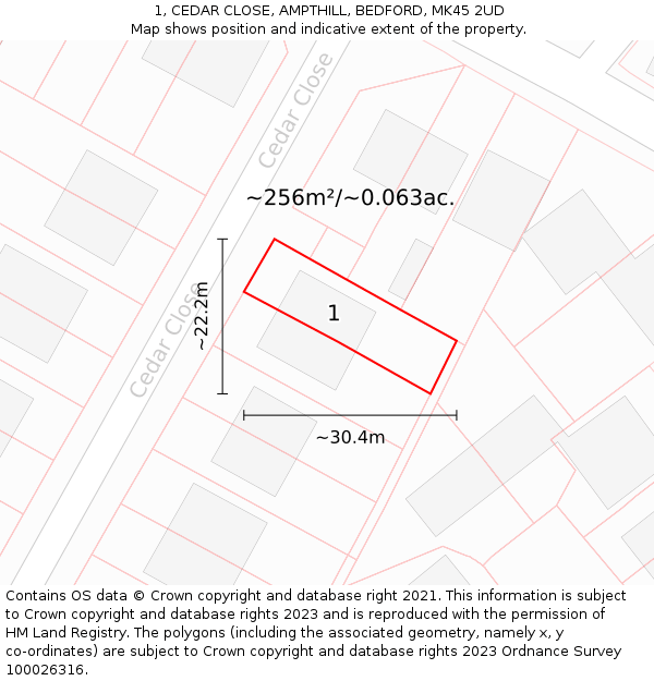 1, CEDAR CLOSE, AMPTHILL, BEDFORD, MK45 2UD: Plot and title map