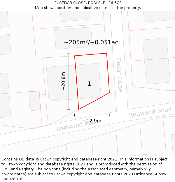 1, CEDAR CLOSE, POOLE, BH16 5QF: Plot and title map