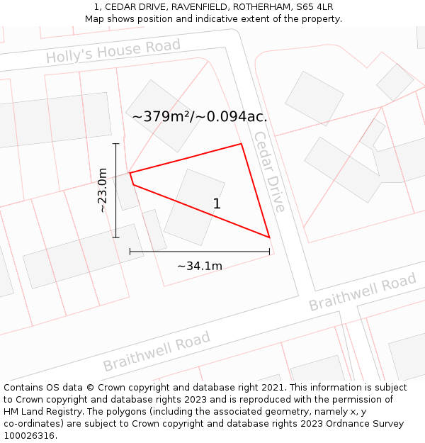 1, CEDAR DRIVE, RAVENFIELD, ROTHERHAM, S65 4LR: Plot and title map