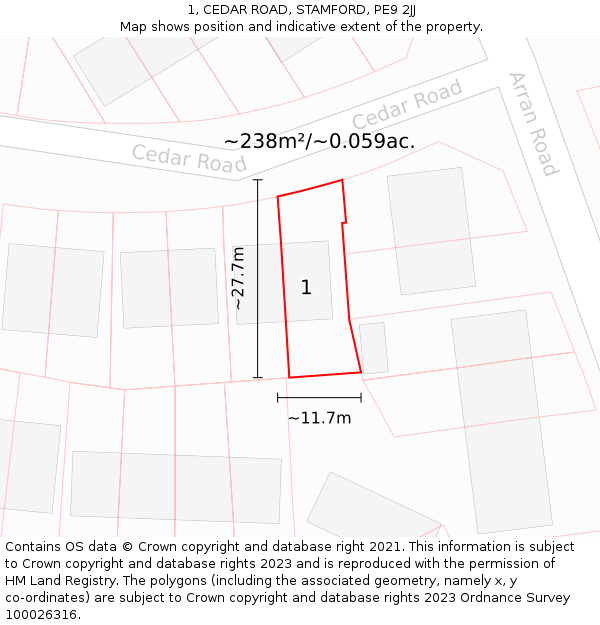 1, CEDAR ROAD, STAMFORD, PE9 2JJ: Plot and title map