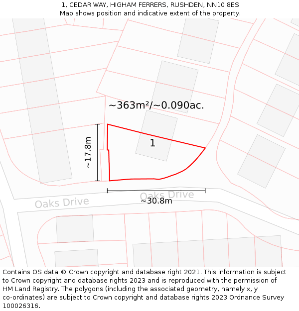 1, CEDAR WAY, HIGHAM FERRERS, RUSHDEN, NN10 8ES: Plot and title map