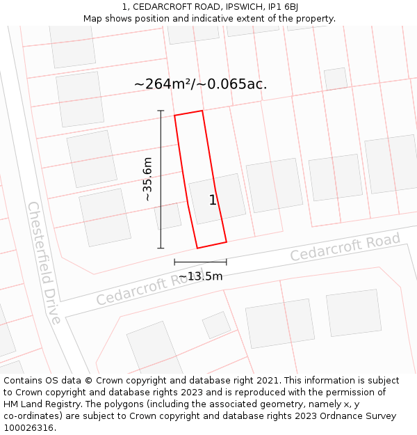 1, CEDARCROFT ROAD, IPSWICH, IP1 6BJ: Plot and title map