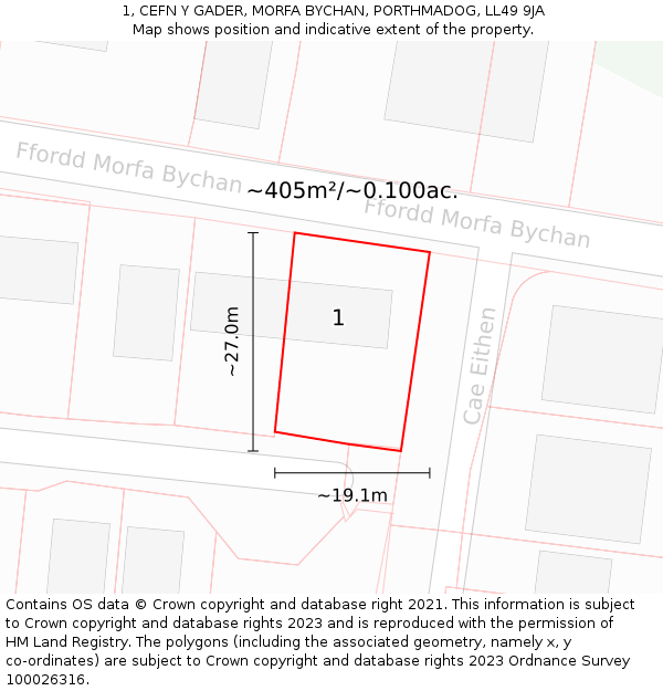 1, CEFN Y GADER, MORFA BYCHAN, PORTHMADOG, LL49 9JA: Plot and title map
