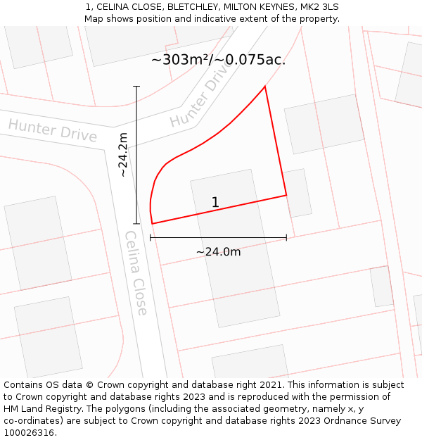 1, CELINA CLOSE, BLETCHLEY, MILTON KEYNES, MK2 3LS: Plot and title map