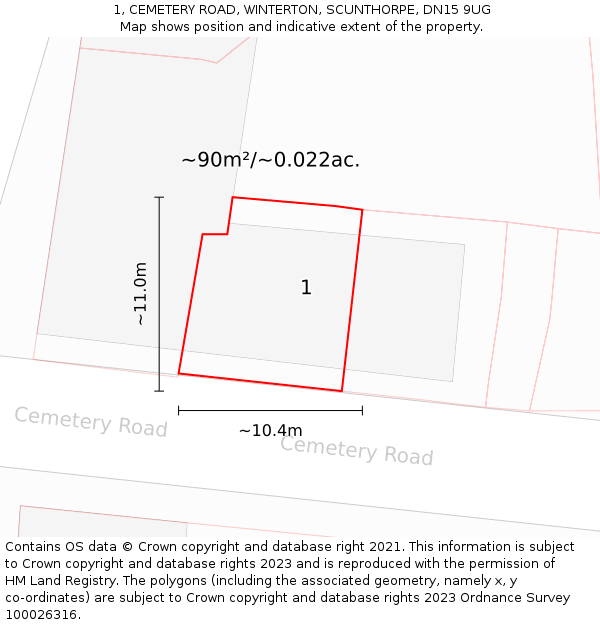 1, CEMETERY ROAD, WINTERTON, SCUNTHORPE, DN15 9UG: Plot and title map