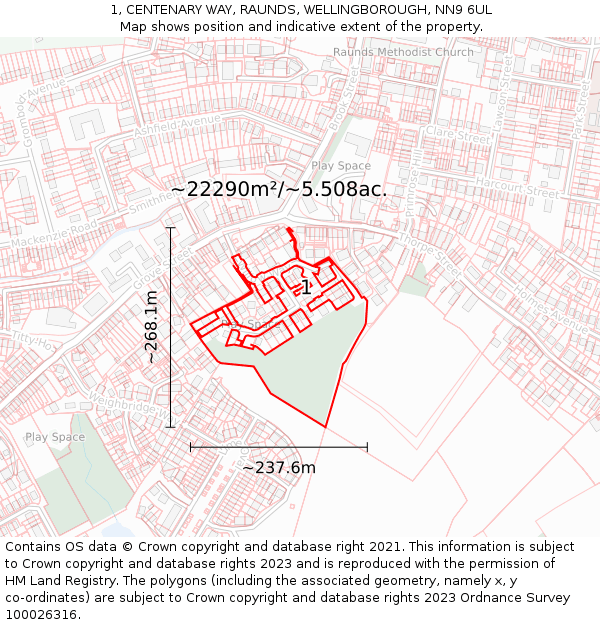 1, CENTENARY WAY, RAUNDS, WELLINGBOROUGH, NN9 6UL: Plot and title map