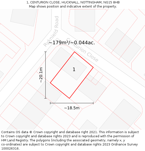1, CENTURION CLOSE, HUCKNALL, NOTTINGHAM, NG15 8HB: Plot and title map